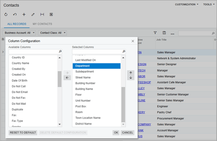 The extended address settings in the Column Configuration dialog box