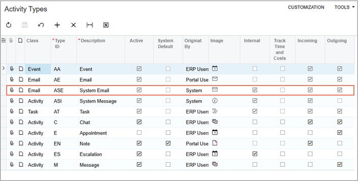 The System Email activity type 