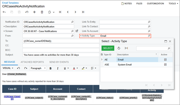 The Activity Type box on the Email Templates form 