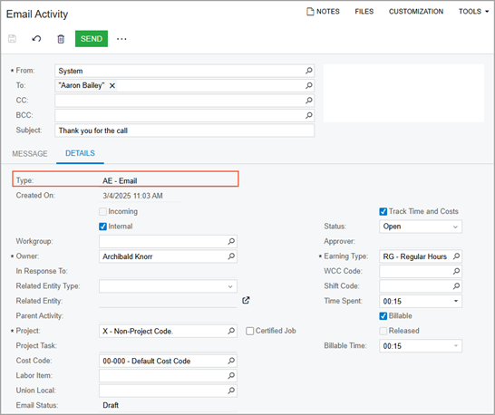 The Type box on the Email Activity form 