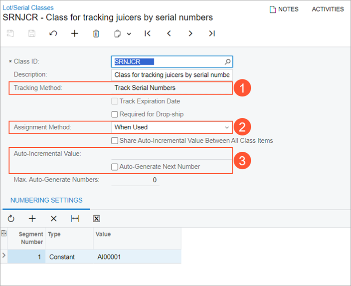 The stock item's lot or serial class settings