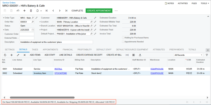 Project-specific and free stock quantities displayed in the table footer