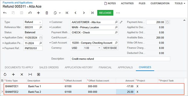 Finance charges added to a refund