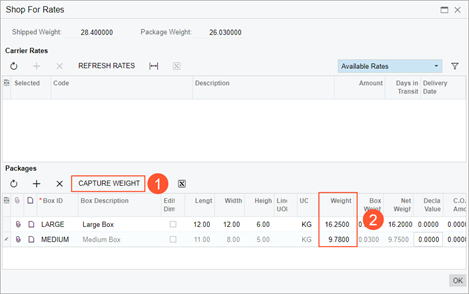 Capturing the weight of a package in the Shop for Rates dialog box