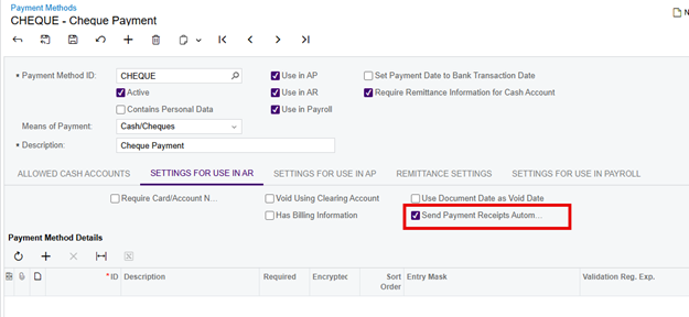 The Send Payment Receipts Automatically check box