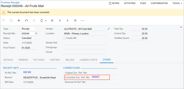 The link to the correction receipt in the original receipt
